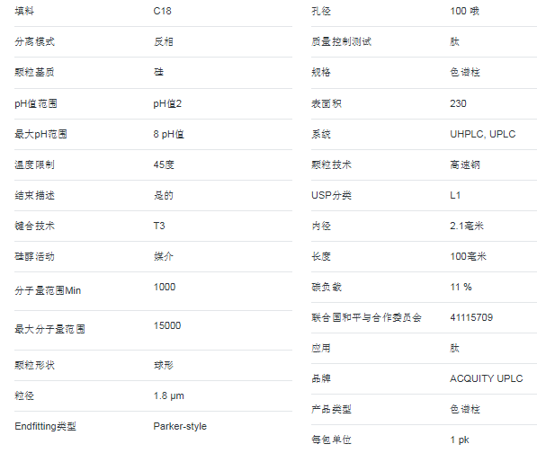 ACQUITY UPLC肽HSS T3色谱柱，100Å， 1.8µm, 2.1 mm X 100 mm, 1K - 15K, 1/pk
